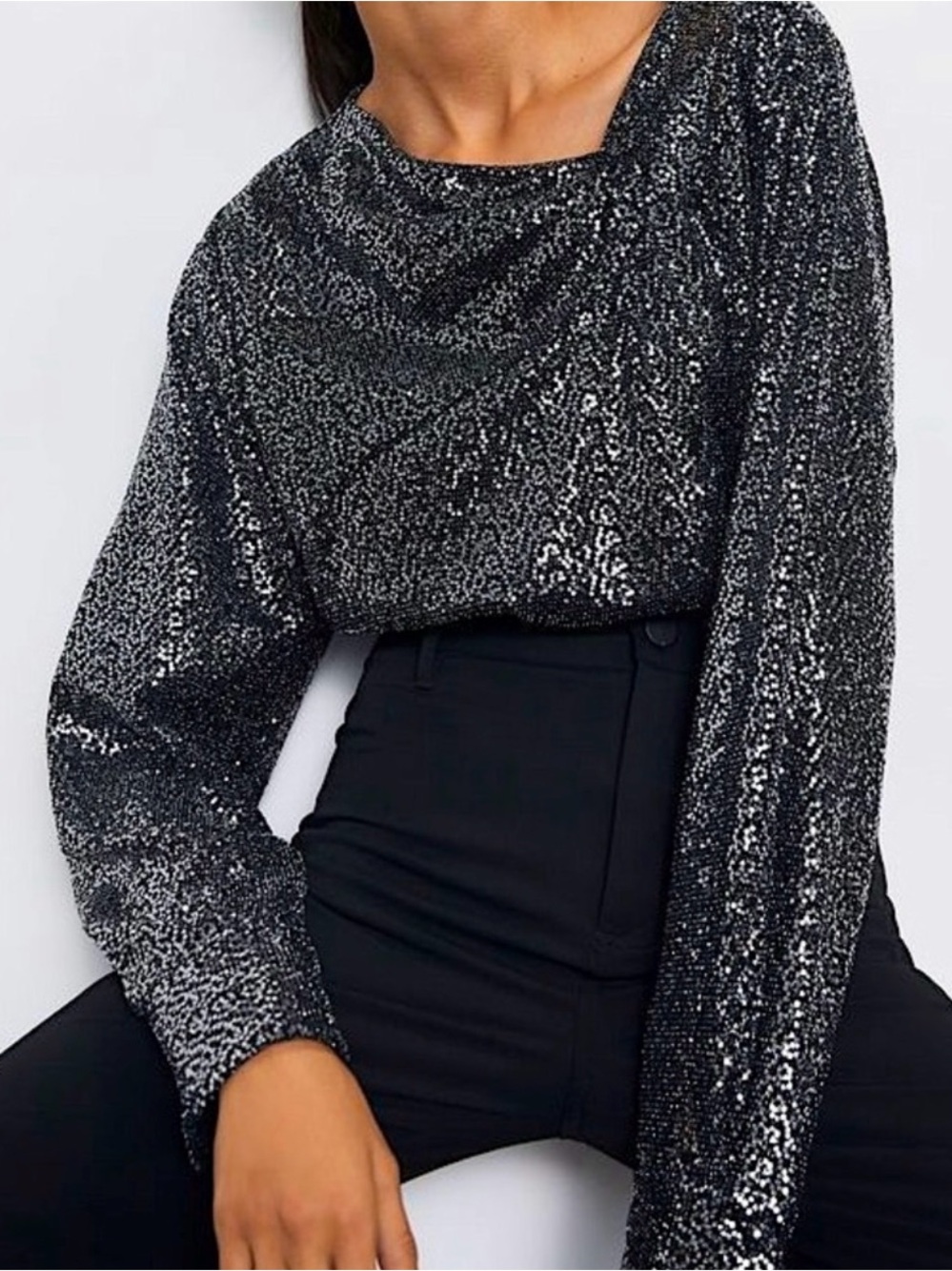 Zara Silver Sequin Long Sleeve Top